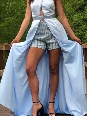 Rachel Allen 2 piece Light Blue Formal Evening Dress with Beaded Waist